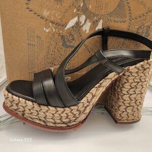 Free People Black Leather and Tan Woven Platform Heels